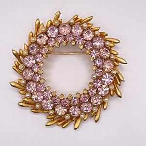 Vintage BSK Signed Pink Rhinestone Faux Pearl Circle Pin Brooch
